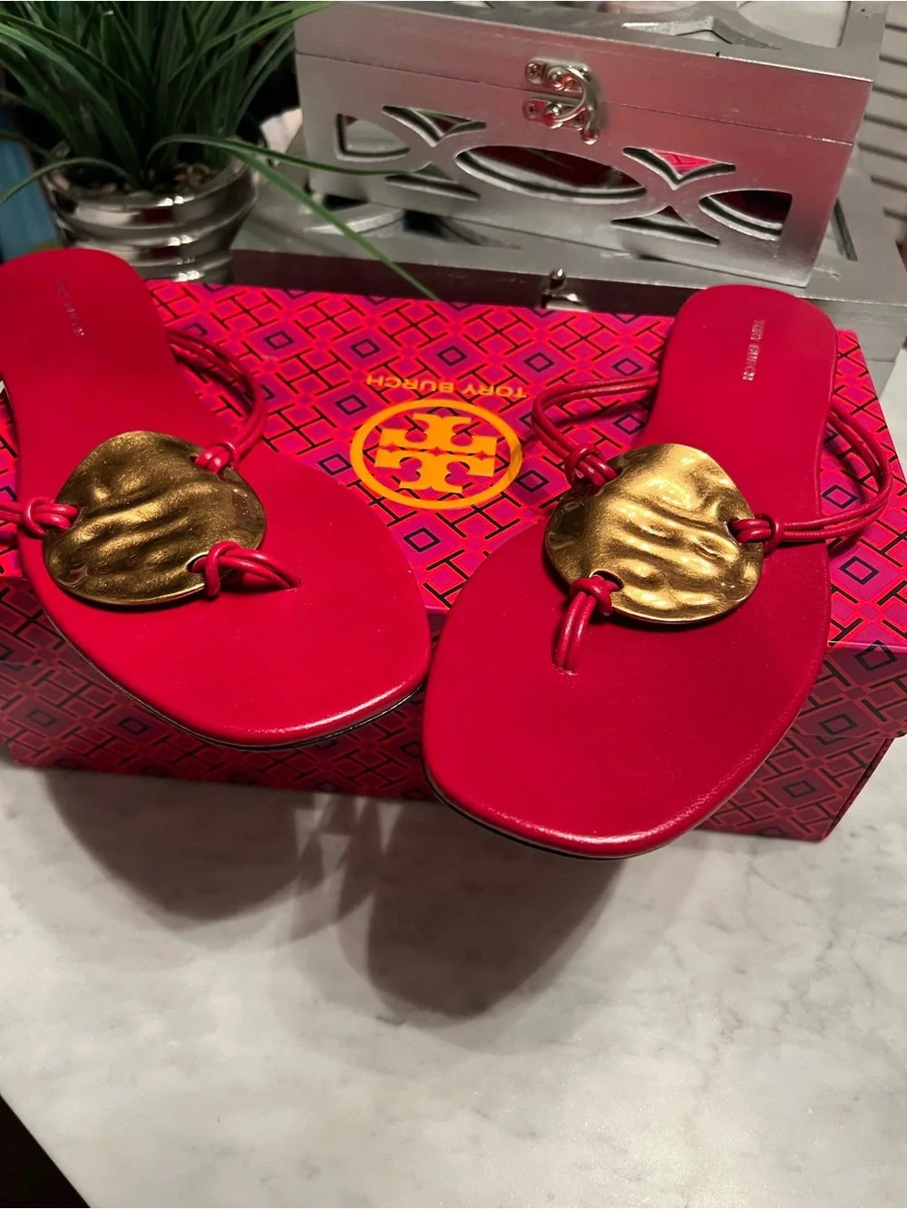 Tory Burch Red Sandal with Gold Medallion